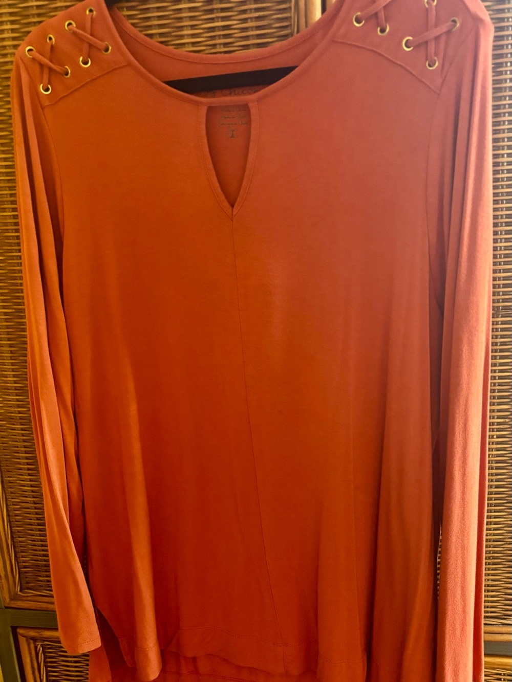 Chico's Burnt Orange Long-Sleeve Shirt with Lace-Up Shoulders